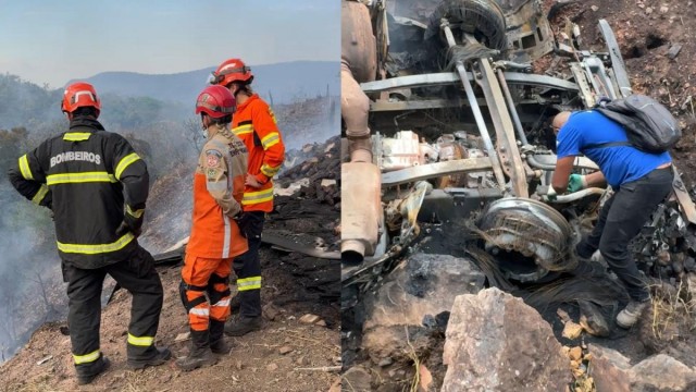 Motorista morre carbonizado ap�s acidente entre carretas em C�ceres